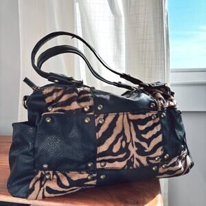 Y2K Vintage Bueno Black Animal Print Faux Leather Studded Shoulder Bag Zip Up